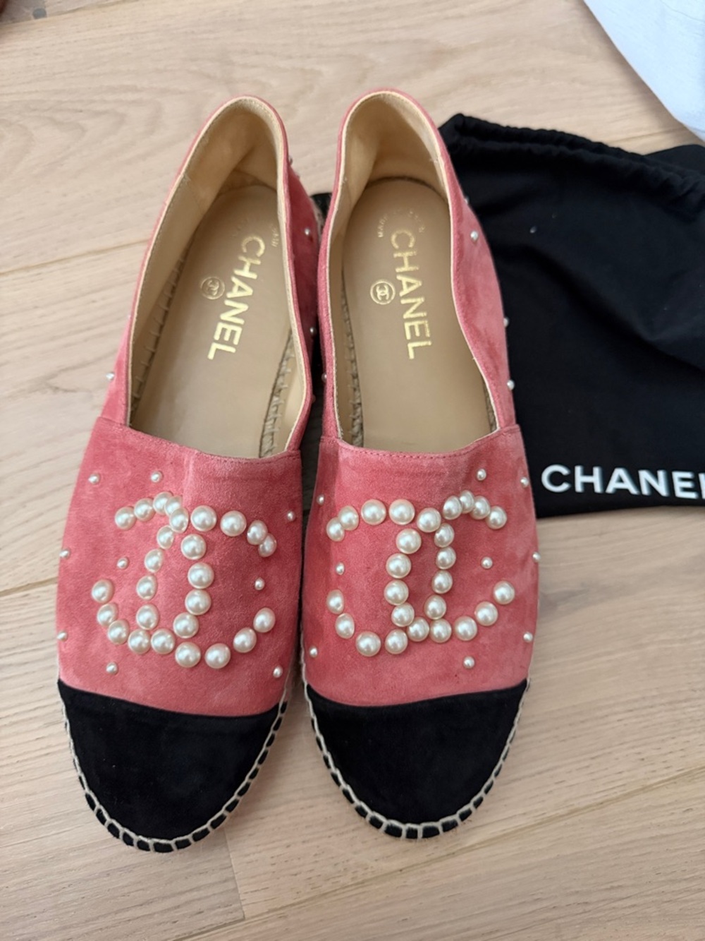 CHANEL Pink Suede Pearl-Embellished Espadrilles with Black Toe Caps